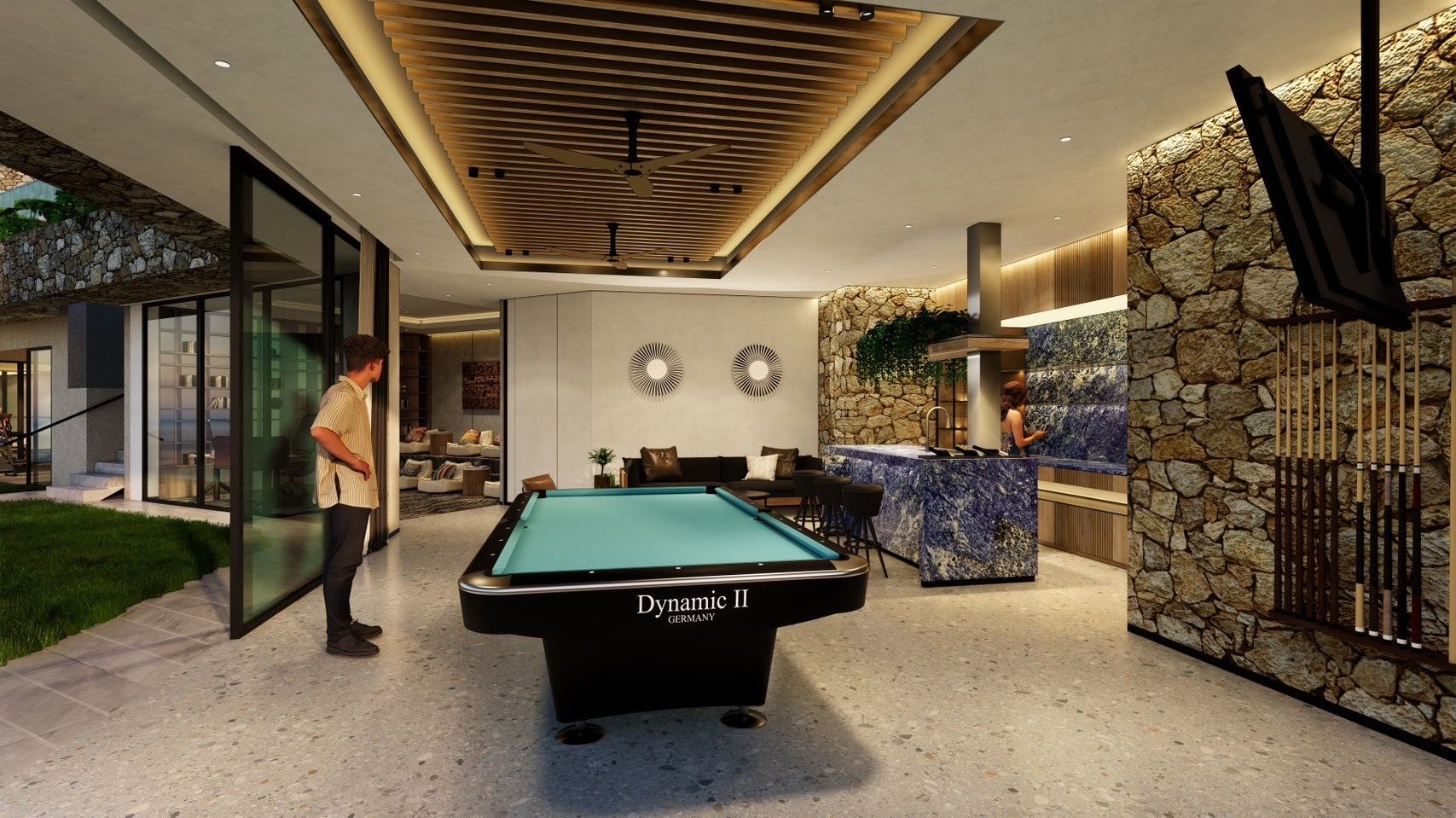 Villa Unity main living level with double-height ceilings and infinity pool terrace