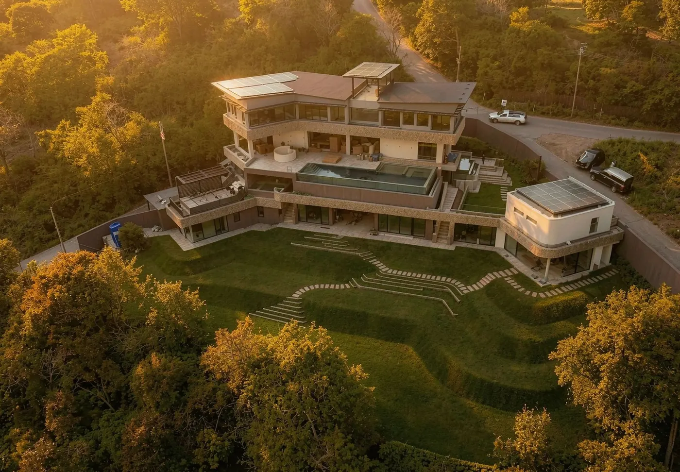 Villa Unity from the air — the five-level estate in the Bophut hills at golden hour